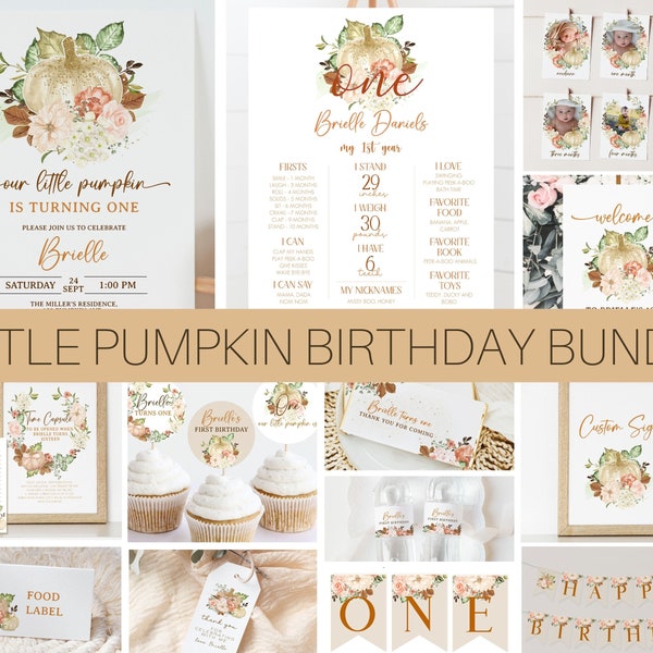 Little Pumpkin 1st Birthday Invitation Bundle, Pumpkin Birthday Decor, Pumpkin Party Pack Templates, Pumpkin Party Decorations