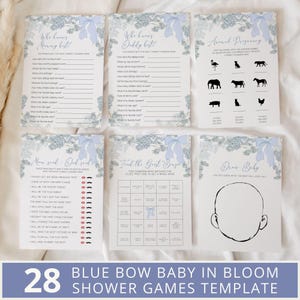 Blue Bow Baby In Bloom Shower Games Bundle, Blue Bow Baby Shower Games, Blue Baby Shower Games, Bow Baby Shower Games, Blue Floral, Template