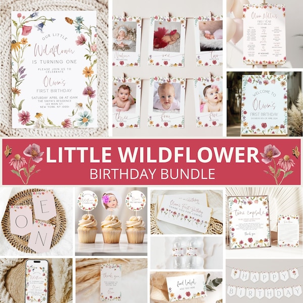 Wildflower Birthday Invitation Bundle, Wildflower 1st Birthday Bundle, Wildflower Birthday Invite, Wildflower Birthday Decor, Invitation