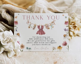 A Little Wildflower Baby Shower Thank You Card, Dress Wildflower Baby Shower, Baby in Bloom, 5x3.5", Canva Template