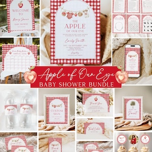 May include: A baby shower stationery bundle featuring a red and white gingham border design with apple illustrations. The set includes invitations, games, signs, water bottle labels, food tags, and cupcake toppers with text like The Apple of Our Eye.