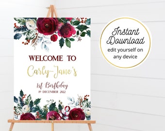 Christmas Birthday Welcome Sign Floral, Onederful Christmas Birthday Welcome Sign