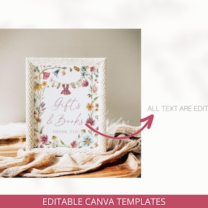 May include: A white textured frame containing a sign with floral illustrations and the text Gifts & Books THANK YOU. The sign features a clothesline graphic with a small dress. The text ALL TEXT ARE EDITABLE is visible with an arrow pointing to the sign.