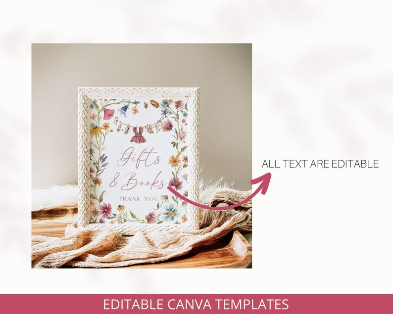 May include: A white textured frame containing a sign with floral illustrations and the text Gifts & Books THANK YOU. The sign features a clothesline graphic with a small dress. The text ALL TEXT ARE EDITABLE is visible with an arrow pointing to the sign.