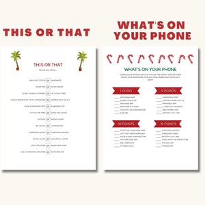 Op de afbeelding: Een printbaar kerstspel met de titel "This or That" en "What's on Your Phone". Het spel bevat een lijst met kerstthema-vragen en vraagt spelers om hun telefoons te controleren op specifieke items.