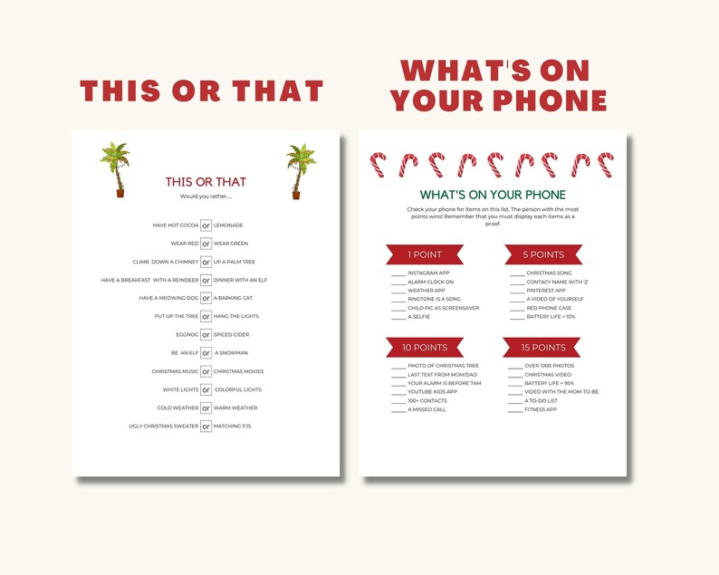 Op de afbeelding: Een printbaar kerstspel met de titel "This or That" en "What's on Your Phone". Het spel bevat een lijst met kerstthema-vragen en vraagt spelers om hun telefoons te controleren op specifieke items.