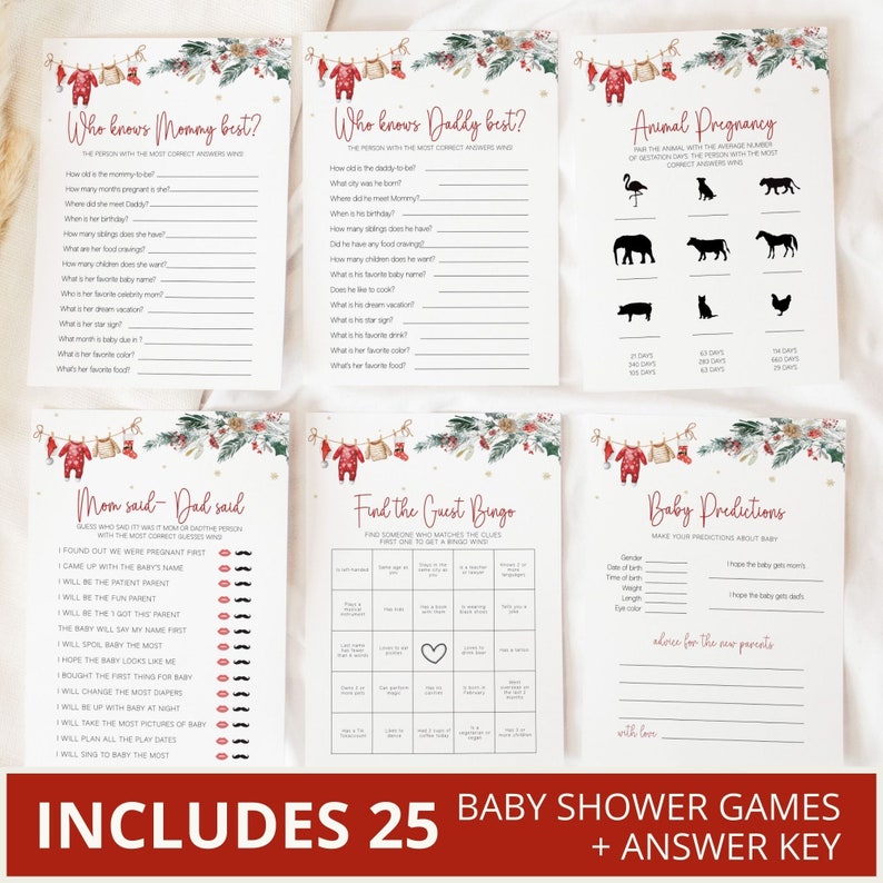 Puede incluir: Un conjunto de juegos de baby shower imprimibles con tem&aacute;tica invernal. Los juegos incluyen "&iquest;Qui&eacute;n conoce mejor a mam&aacute;?", "&iquest;Qui&eacute;n conoce mejor a pap&aacute;?", "Embarazo animal", "Mam&aacute; dijo - Pap&aacute; dijo", "Bingo de invitados" y "Predicciones para el beb&eacute;".