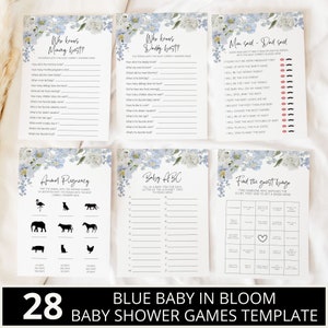 Paquete de juegos de Baby in Bloom, juegos para baby shower, baby shower azul, juegos para baby shower con flores azules, baby shower para niño, plantilla editable