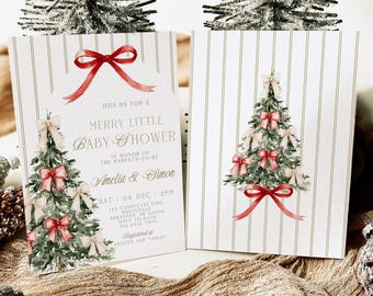May include: Two rectangular paper cards with a white and gold vertical striped background. The left card features a red bow, a green Christmas tree with bows, and text reading MERRY LITTLE BABY SHOWER, Amelia & Simon, SAT 08 DEC 2PM. The right card shows a green Christmas tree with red and white bows.