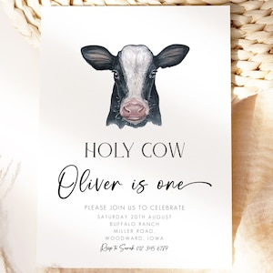 Editable Cow Birthday Invitation Boy, Holy Cow I&#39;m One Invitation Boy, Cow 1st Birthday, Cow Birthday Invitation, Instant Download