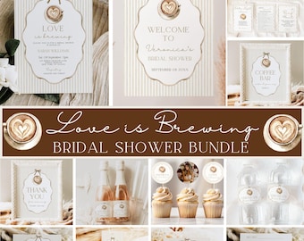 Love is Brewing Bridal Shower Bundle, Coffee Bridal Shower, Stripe Love is Brewing, Bridal Shower Decorations, Canva Template