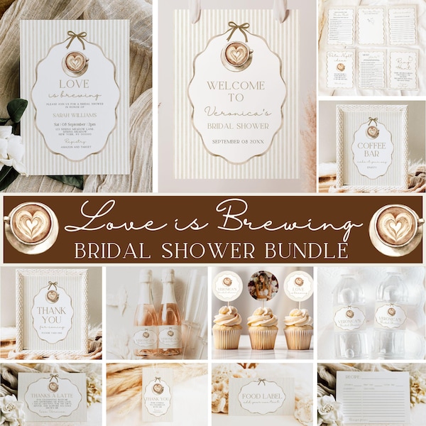 Love is Brewing Bridal Shower Bundle, Coffee Bridal Shower, Stripe Love is Brewing, Bridal Shower Decorations, Canva Template