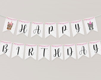 Banner de feliz cumpleaños de gato imprimible, decoraciones de cumpleaños de gato, decoración de cumpleaños de gato, fiesta de gatito, fiesta de cumpleaños de gato niña, plantilla editable