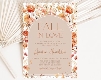 Fall in Love Bridal Shower Invitation, Fall Bridal Shower Invite, Fall Floral Bridal Shower Invite, Autumn, Fall Wildflower, Template
