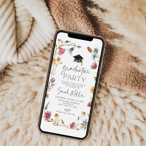 May include: A digital invitation for a graduation party with a floral border and a graduation cap. The invitation reads "graduation party" and includes the name "Sarah Miller", the date and time of the party, the location, and RSVP information.