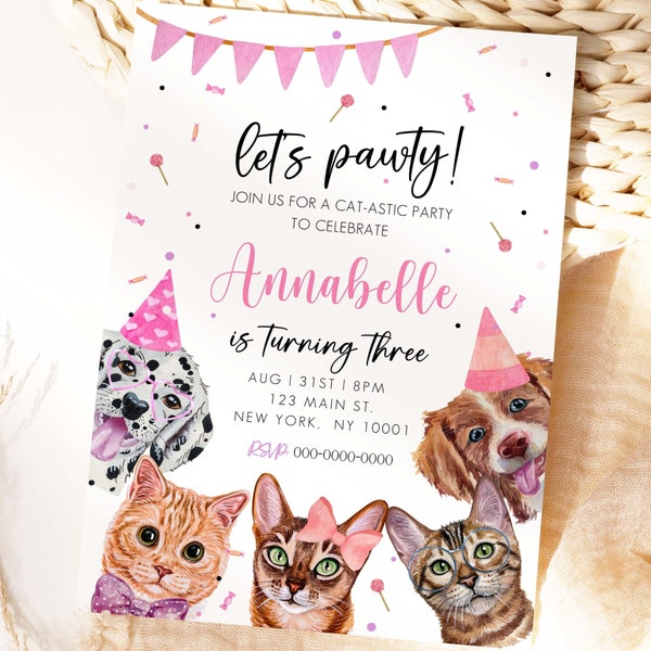 Cat and Dog Themed Birthday Invitation, Let's Pawty Birthday Invite, Cat and Dog Invitation, Dog and Cat Pawty Invitation, Editable Template