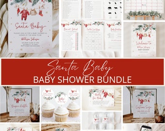 Pode incluir: Um pacote de chá de bebê com tema Santa Baby com uma variedade de itens imprimíveis, incluindo convites, jogos, etiquetas para alimentos e cartões de agradecimento. O design apresenta um esquema de cores vermelho e verde com uma ilustração em aquarela de uma árvore de Natal e um bebê com um gorro de Papai Noel.