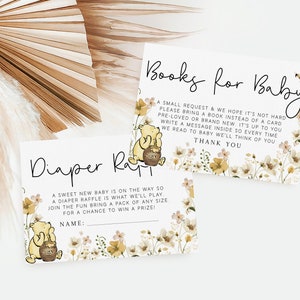 May include: Two cards with a Winnie the Pooh theme. The top card says "Books for Baby" and asks guests to bring a book instead of a card. The bottom card says "Diaper Raffle" and asks guests to bring a pack of diapers for a chance to win a prize.