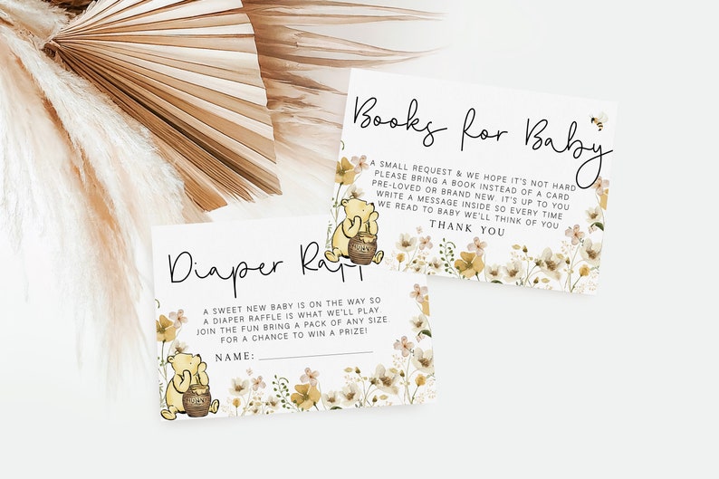 May include: Two cards with a Winnie the Pooh theme. The top card says "Books for Baby" and asks guests to bring a book instead of a card. The bottom card says "Diaper Raffle" and asks guests to bring a pack of diapers for a chance to win a prize.