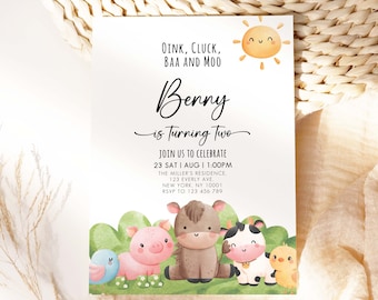 Oink Baa Moo Ich bin zwei Einladung, bearbeitbare Geburtstagseinladung für Jungen, Barnyard Geburtstag, Bauernhof Geburtstagseinladung Junge, Barnyard Geburtstag