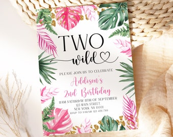 Two Wild Birthday Invitation Girl, Two Wild Birthday Invitation, Two Wild Invitation, Editable Two Wild Invitation, Tropical Pink