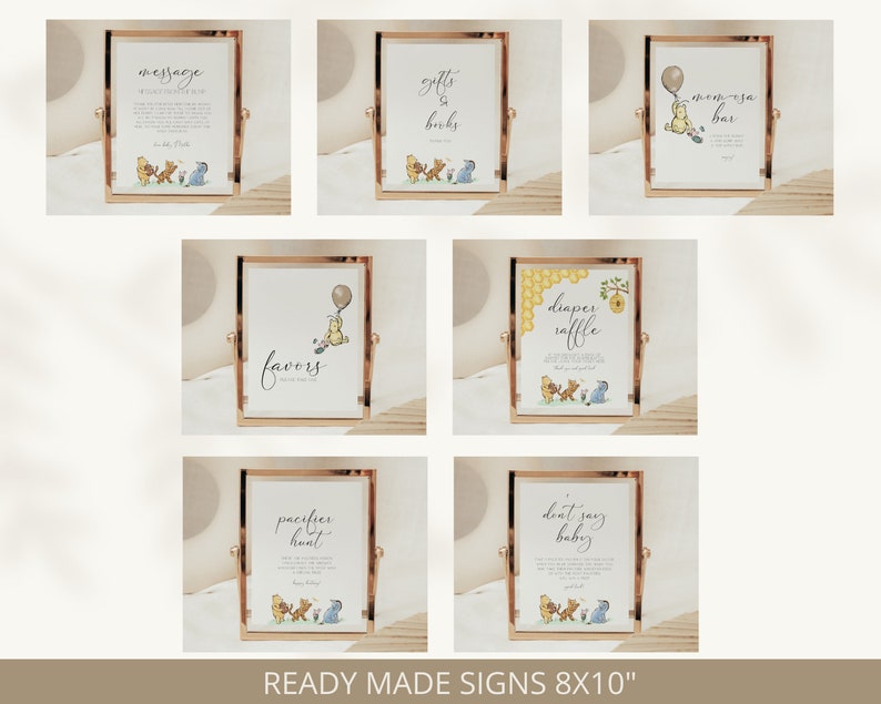 May include: Set of ten printable Winnie the Pooh baby shower signs in gold frames. The signs include: Message, Gifts & Books, Mom-to-be Bar, Diaper Raffle, Favors, Pacifier Hunt, Don't Say Baby. Each sign features Winnie the Pooh and friends.