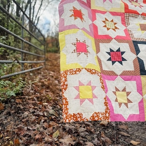 May include: A patchwork quilt with a star pattern in shades of pink, yellow, orange, and brown. The quilt is hanging on a fence in a wooded area.