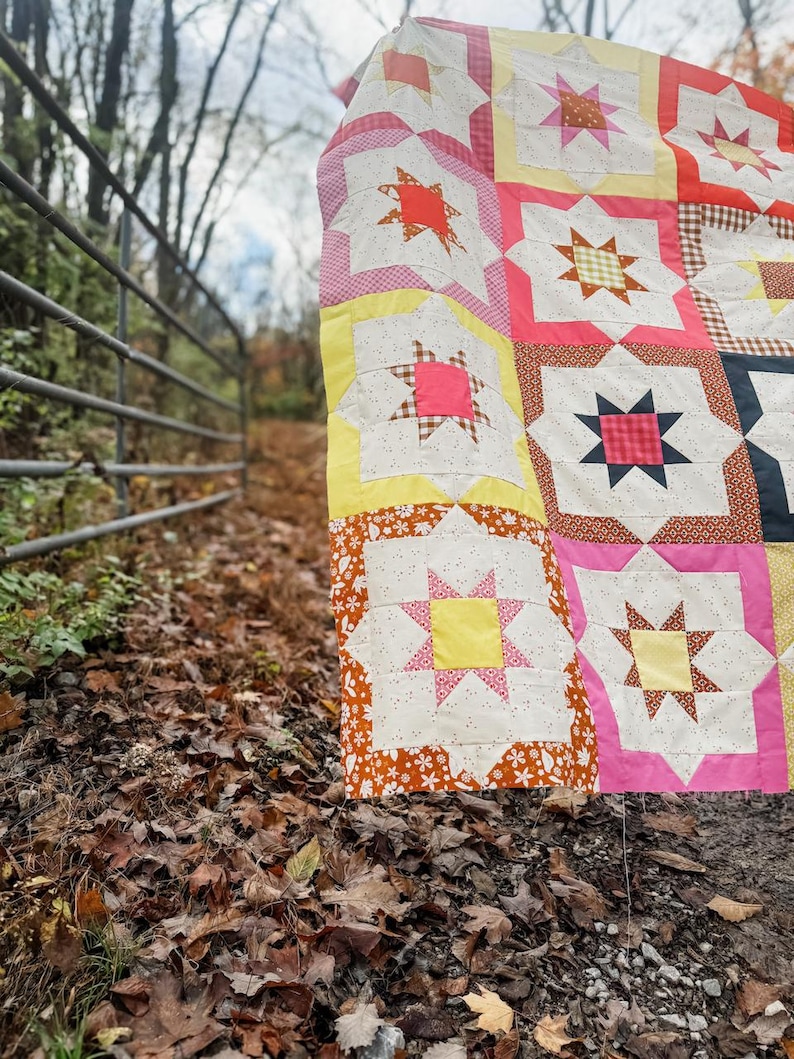 May include: A patchwork quilt with a star pattern in shades of pink, yellow, orange, and brown. The quilt is hanging on a fence in a wooded area.