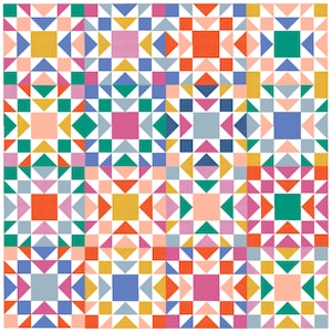 May include: A colourful geometric pattern with squares and triangles in shades of pink, blue, green, orange, and yellow.