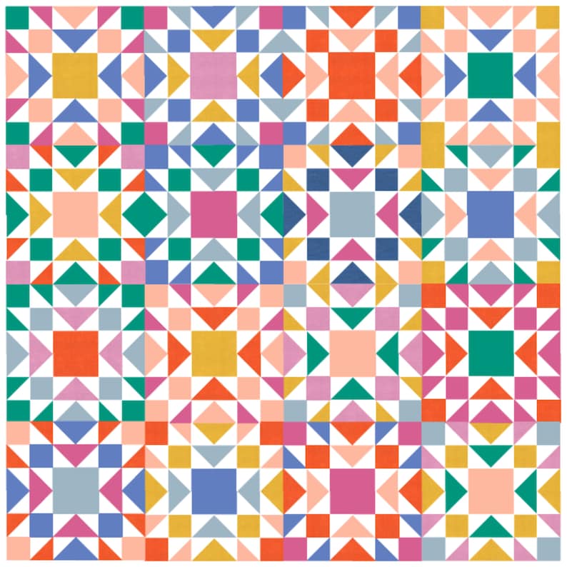 May include: A colorful geometric pattern with squares and triangles in shades of pink, blue, green, orange, and yellow.