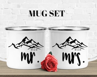 Mr and Mrs mugs, camping mug, tin mug, enamel mug, personalized mug set, wedding gift for bride and groom, engagement gift, anniversary mug