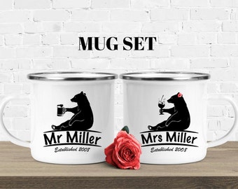 Mr and Mrs mugs, camping mug, tin mug, enamel mug, personalized mug set, wedding gift for bride and groom, engagement gift, anniversary mug