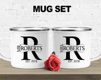 Mr and Mrs mugs, camping mug, tin mug, enamel mug, personalized mug set, wedding gift for bride and groom, engagement gift, anniversary mug