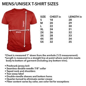 May include: A red t-shirt with a white outline showing the measurements for width and height. A chart shows the size, chest measurement in inches, and length measurement in inches for sizes S through 5X.