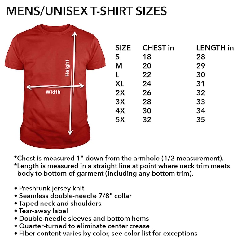 May include: A red t-shirt with a white outline showing the measurements for width and height. A chart shows the size, chest measurement in inches, and length measurement in inches for sizes S through 5X.
