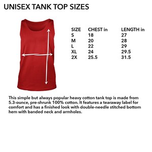 May include: Red unisex tank top with size chart showing chest and length measurements in inches. The chart shows sizes S, M, L, XL, and 2X.