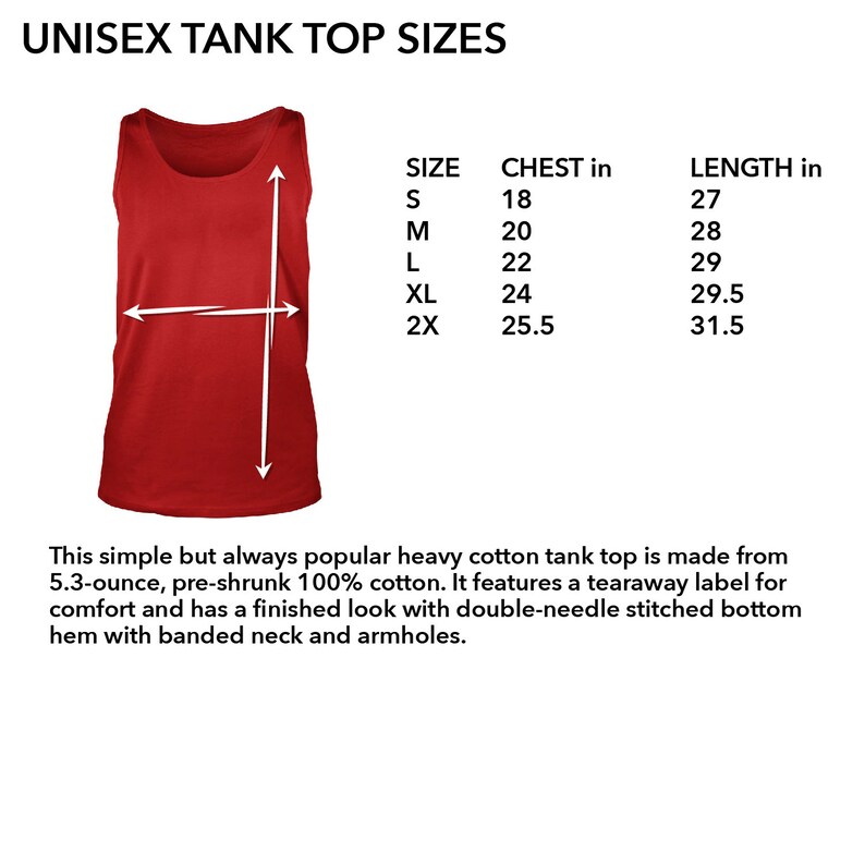 May include: Red unisex tank top with size chart showing chest and length measurements in inches. The chart shows sizes S, M, L, XL, and 2X.
