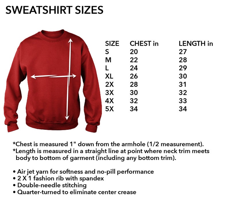 May include: A red sweatshirt with a size chart showing chest and length measurements in inches. The chart includes sizes S, M, L, XL, 2X, 3X, 4X, and 5X.