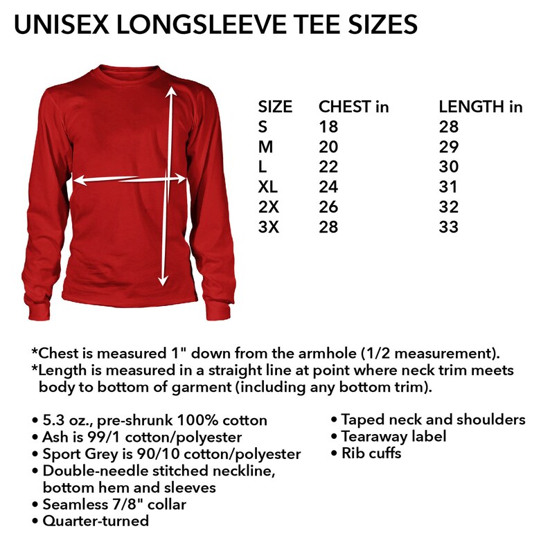 May include: Unisex long-sleeve tee size chart with measurements in inches for chest and length. The chart shows sizes S through 3X. The image also includes a red long-sleeve tee with measurements marked on it.