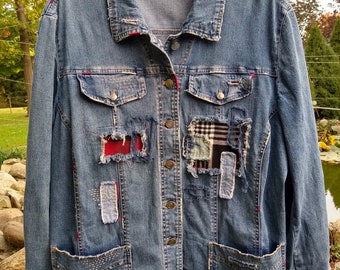 Distressed denim Jacket, recycled jeans, hand stitched jeans, Eco-friendly, sustainable clothes, patchwork classic denim Jacket size XL