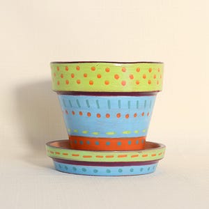 Painted Clay Plant Pot 4" Lime Green, Blue and Orange
