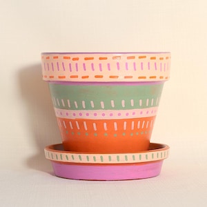 Painted Clay Plant Pot 6" - Green, Orange, Pink