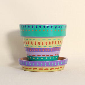 Painted Clay Plant Pot 4" Green, Purple and Yellow