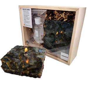 Labradorite Rock Candle Gift Box | Unique Stone Oil Lamp, Rustic Decor Table Centerpiece, Ideal for Rock or Candle Lovers, Agate Oil Lamp