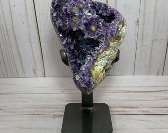 Dark purple amethyst cluster with stalactite eyes | in custom metal stand, amethyst geode, amethyst crystal, premium specimen