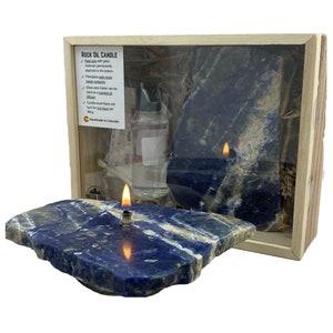 Rock Candle gift box - sodalite | unique rustic decor, rock or candle lover gift, stone oil candle, rock oil lamp, blue crystal