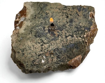 Moss Agate Rock Oil Candle | Natural Stone Lamp, Includes Oil & Funnel