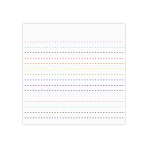 May include: A square sheet of white paper featuring multiple horizontal lines composed of small, evenly spaced dots. Each line of dots is a different color, including pink, light blue, brown, orange, yellow, green, dark blue, and purple.