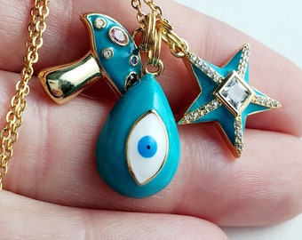 Evil Eye Necklace, Charm Necklace, Neck Mess, Layering Necklace, Turquoise Necklace