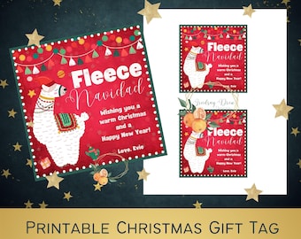 May include: Printable Christmas gift tag featuring a llama wearing a festive hat and a colorful scarf. The tag has a red background with white polka dots and the text "Fleece Navidad" in a festive font. The text reads "Wishing you a warm Christmas and a Happy New Year! Love. Evie".